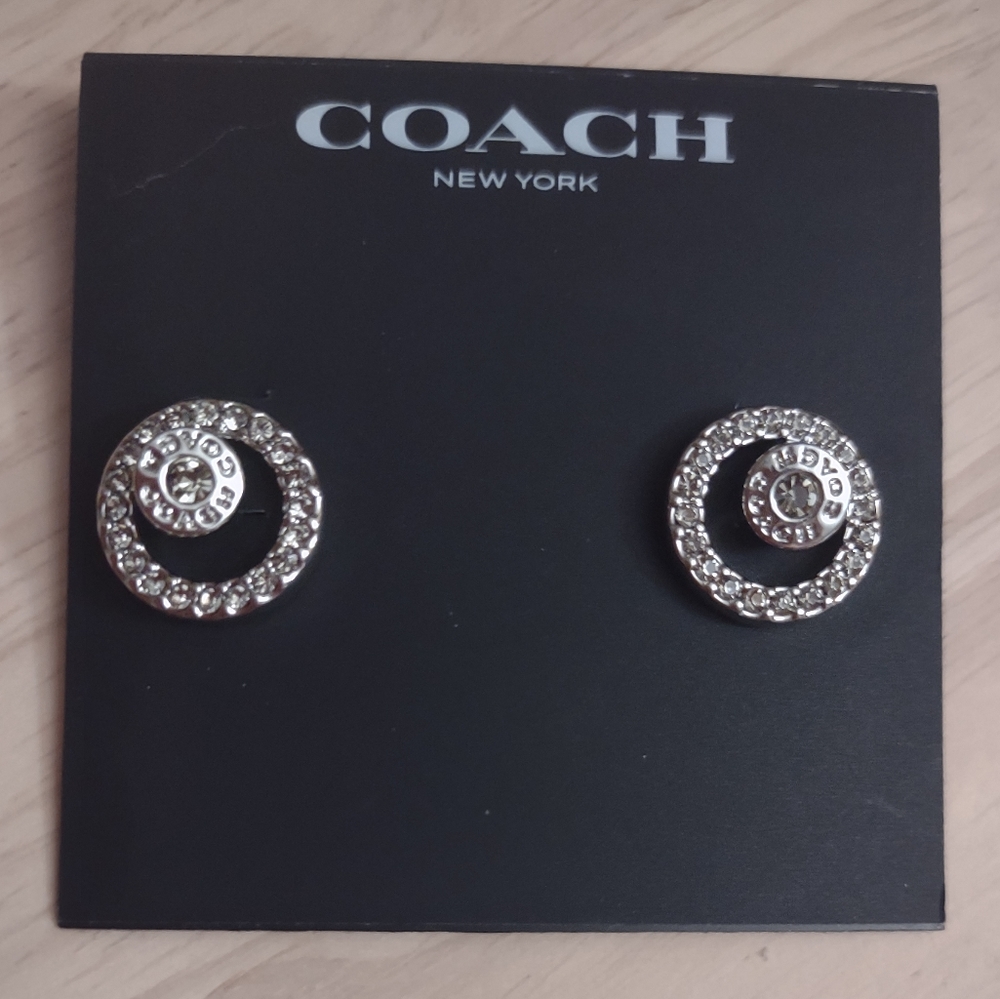 Coach Logo Silver Crystal Loop Stud Earrings Y2K Bling Sparkle